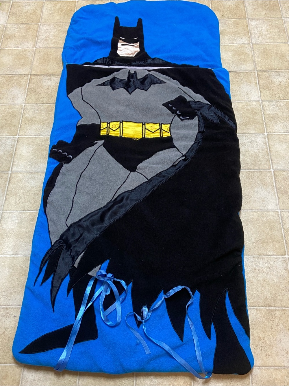Vintage Style Kids Superhero Sleeping Bag - Blue, Black & Gray Batman Motif